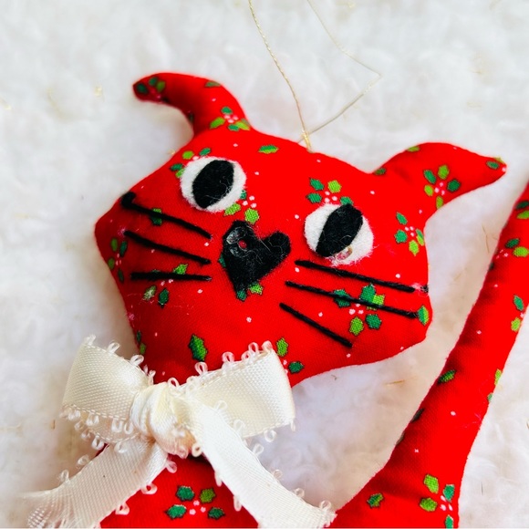 Set of 3 Vintage stuffed plush handmade Christmas cat and reindeer ornam… - Picture 9 of 12